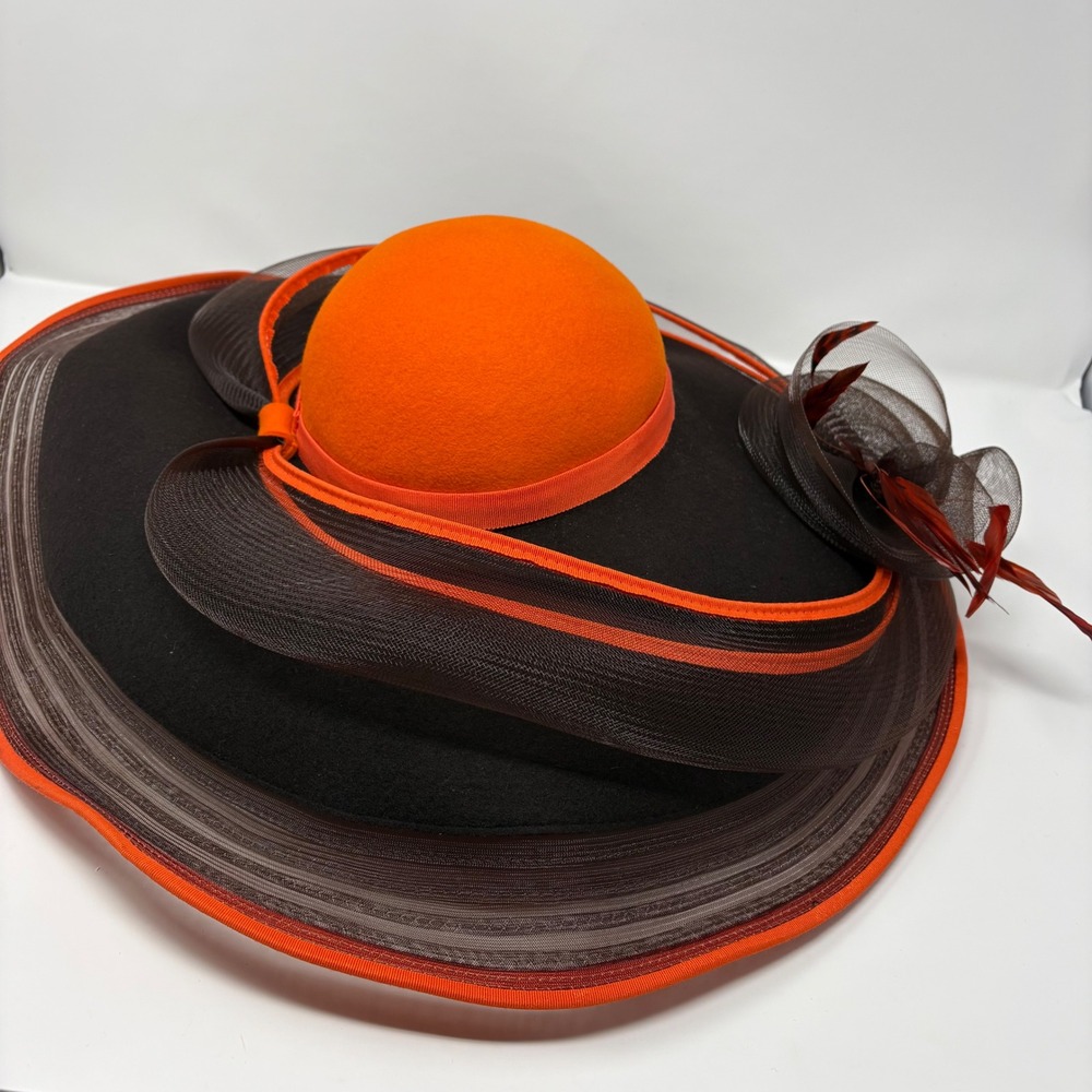 Vintage Bellini New York 100% Wool Felt Derby Church Hat Orange Black Wide Brim - Picture 12 of 13